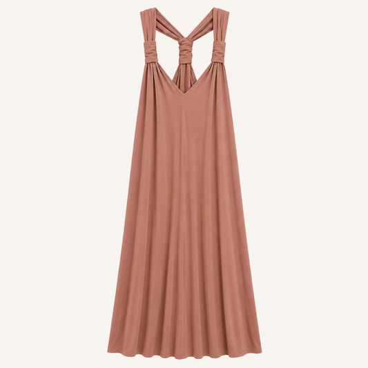 Abito lungo marrone con scollo all’americana e nodo sul retro