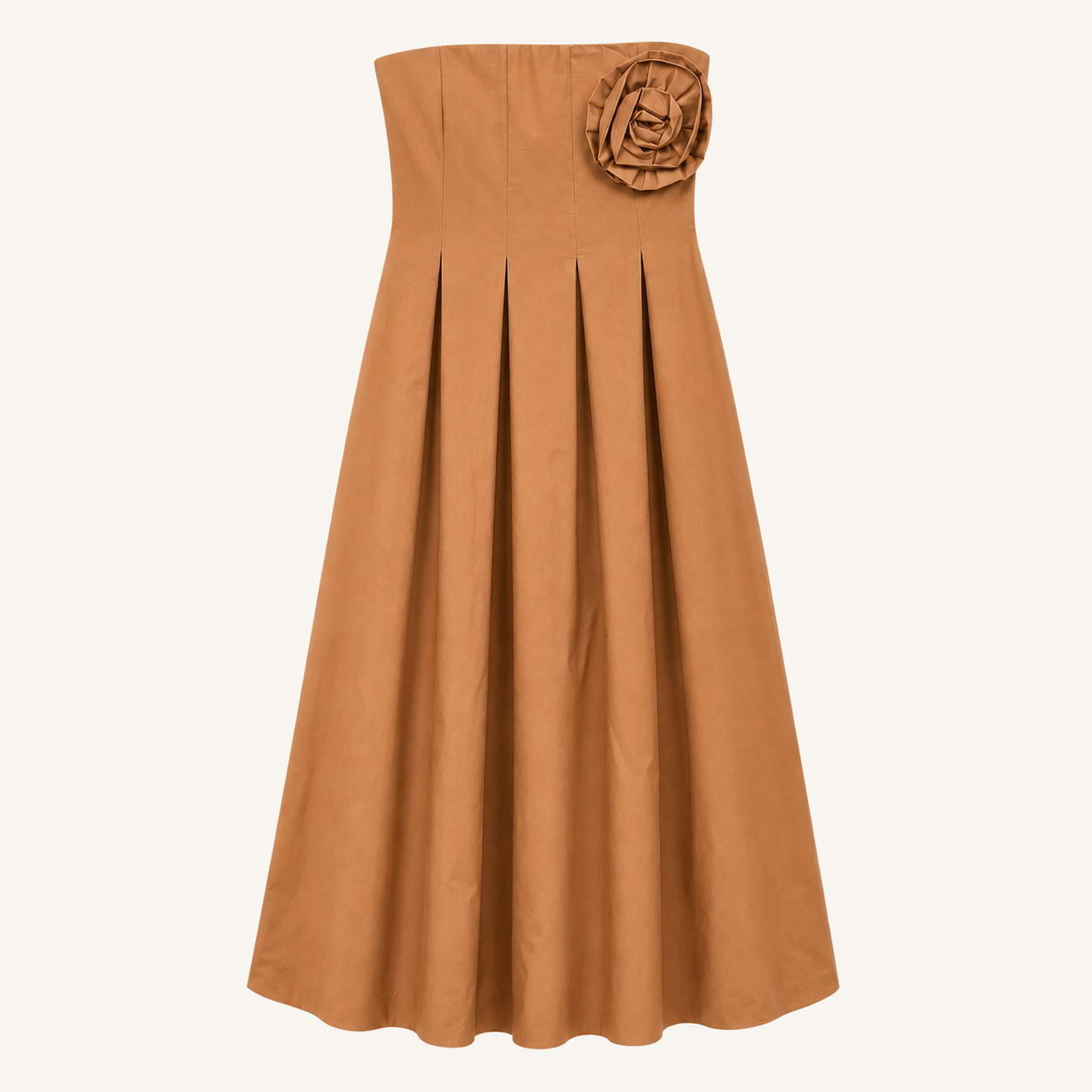 Abito lungo marrone con punto smock e fiore applicato