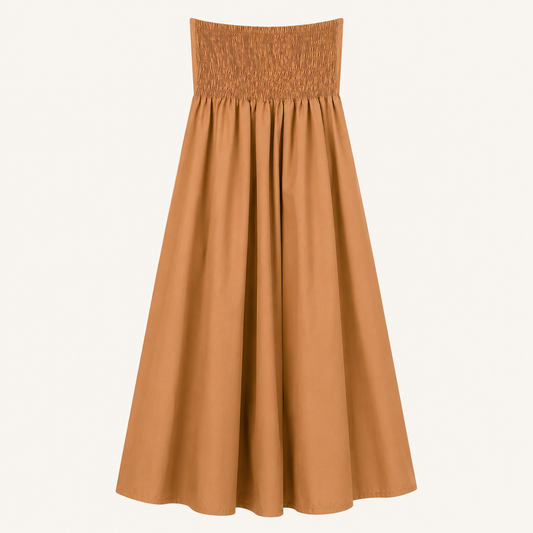 Abito lungo marrone con punto smock e fiore applicato