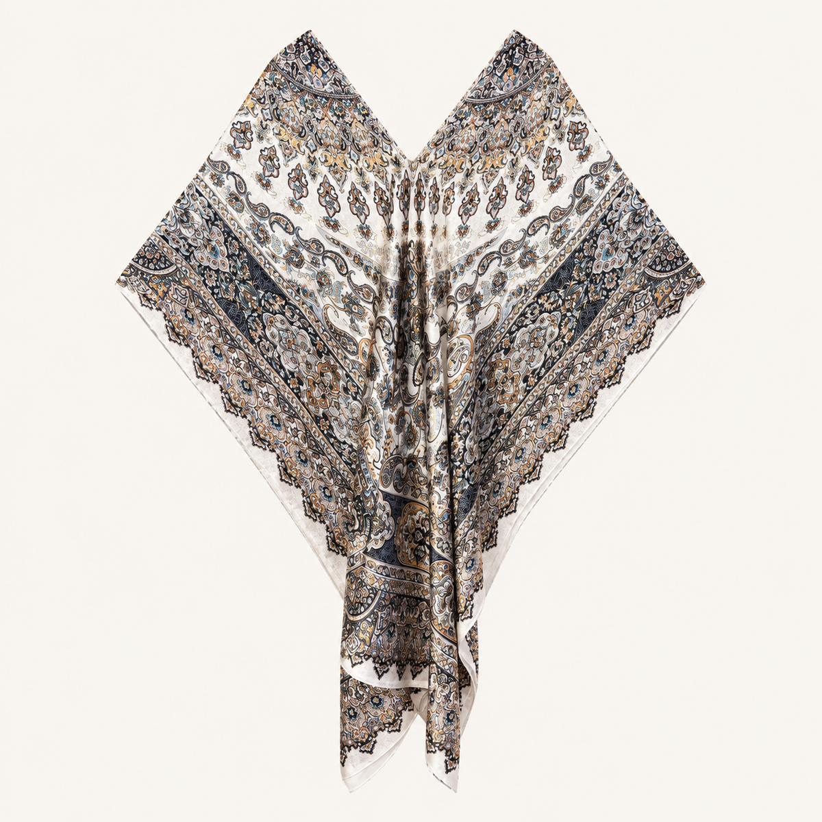 Caftano bianco fantasia paisley con scollo a V
