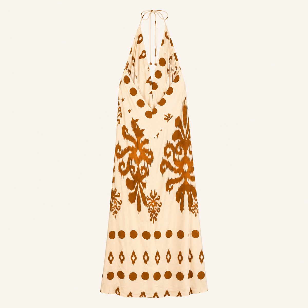 Abito lungo panna fantasia marrone con scollo halter