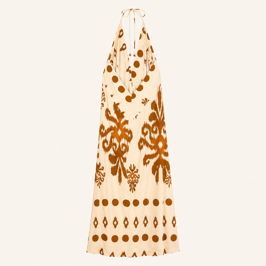 Abito lungo panna fantasia marrone con scollo halter