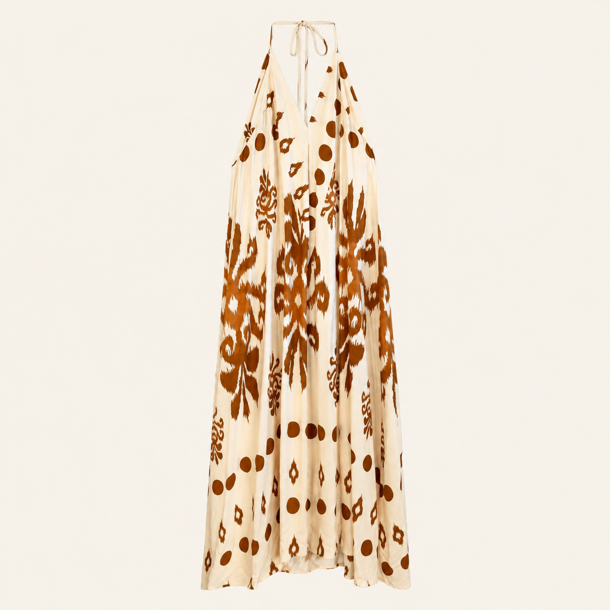 Abito lungo panna fantasia marrone con scollo halter