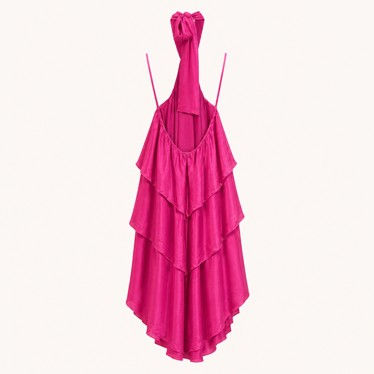 Abito midi fucsia con scollo all’americana e balze