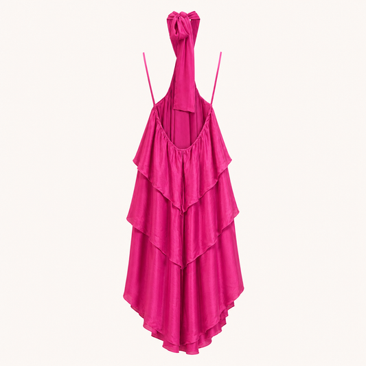 Abito midi fucsia con scollo all’americana e balze